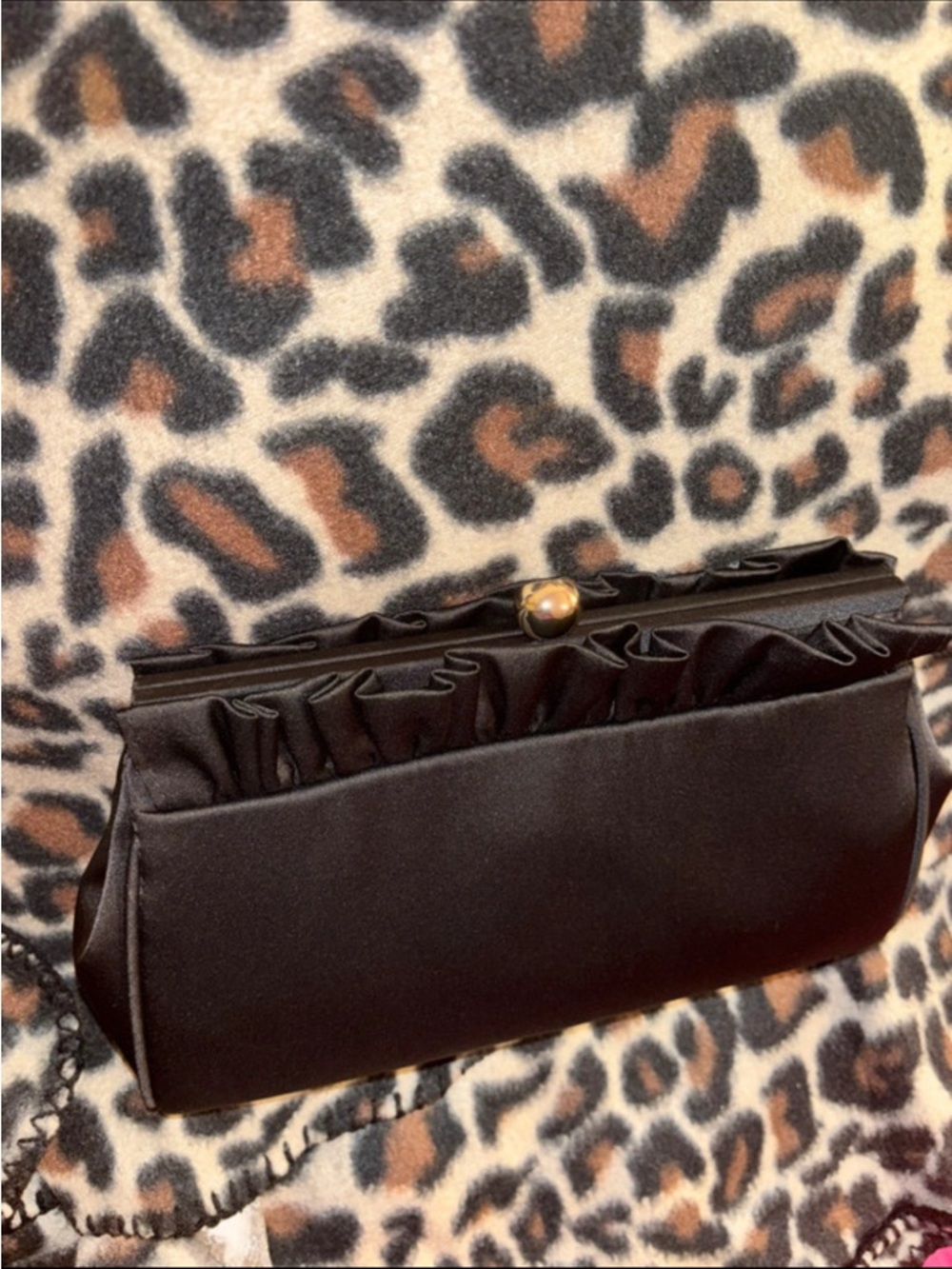 Jewel Badgley Mischka Black Satin Ruffle Frame Clutch with Gold Accent